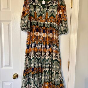 TCEC Printed Tiered Midi Dress Small Boho Puff Sleeve Collared